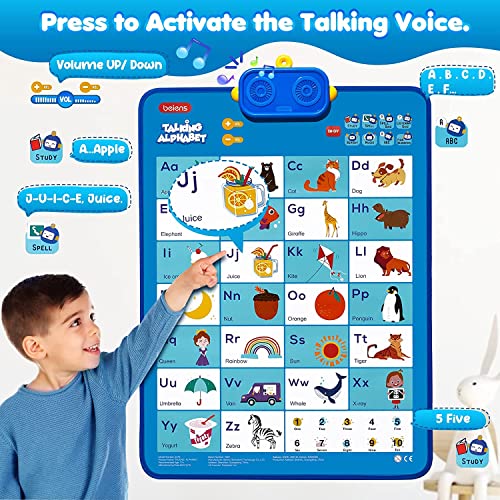beiens Interactive Learning & Education Toys, ABC 123 Electronic Alphabet Wall Chart Talking Poster for Toddler Kids 2 3 4 5 Year Old Girls Boys Birthday Gifts (Blue)