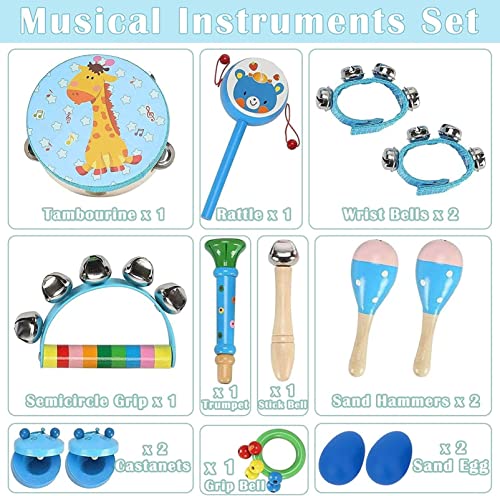 Holdfiturn 14 Pcs Musical Instruments for Toddlers Music Wooden Toys Music Enlightenment Percussion Toys Percussion Musical Toys Wooden Toys Percussion Set for Early Education (Blue)