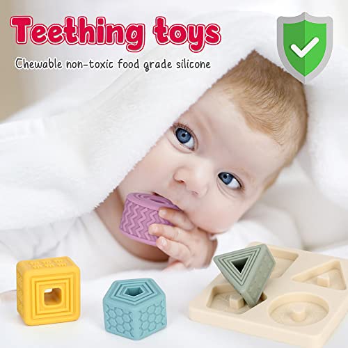 FRUSE Baby Soft Nesting Sorting Stacking Toys,Silicone Building Baby Blocks Teether,Kids Threading Toys & Matching Games,Education Learning Montessori Sensory Puzzle Toy for Toddler 6m+