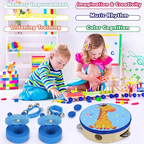 Holdfiturn 14 Pcs Musical Instruments for Toddlers Music Wooden Toys Music Enlightenment Percussion Toys Percussion Musical Toys Wooden Toys Percussion Set for Early Education (Blue)