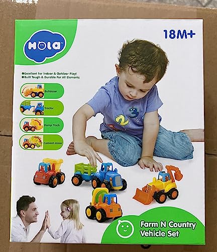 HOLA Toys for 1 2 Year Old Boy Gifts, 4 Pack Friction Power Kids Digger Trucks Toy Cars for 1+ Year Olds, Early Education Construction Vehicles Toddler Baby Kids Toys for 3 Year Old Boys