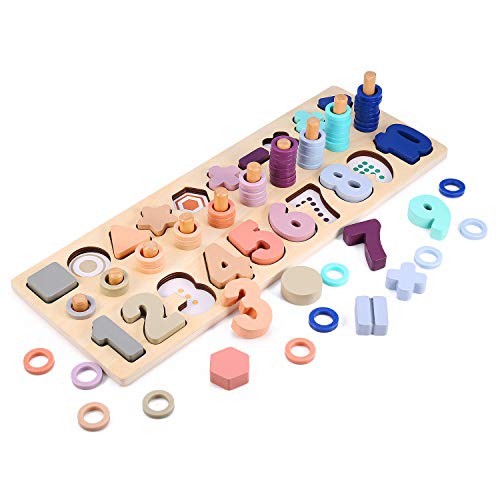 Voamuw Wooden Number Shape Puzzles Sorting Montessori Toys for 3-6 year olds Toddlers, Counting Blocks Sorter Stacking Math Toys for Kids, Preschool Education Gift Learning Tower for Boys Girls
