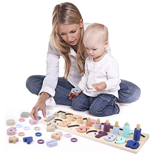Voamuw Wooden Number Shape Puzzles Sorting Montessori Toys for 3-6 year olds Toddlers, Counting Blocks Sorter Stacking Math Toys for Kids, Preschool Education Gift Learning Tower for Boys Girls