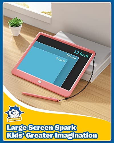 TEKFUN 12inch LCD Writing Tablet for Kids Adults, Erasable Drawing Tablet with Stylus Lanyard Writing Tablet for Office, Education Toys Birthday for 3 4 5 6 7 Girls Boys (Pink)