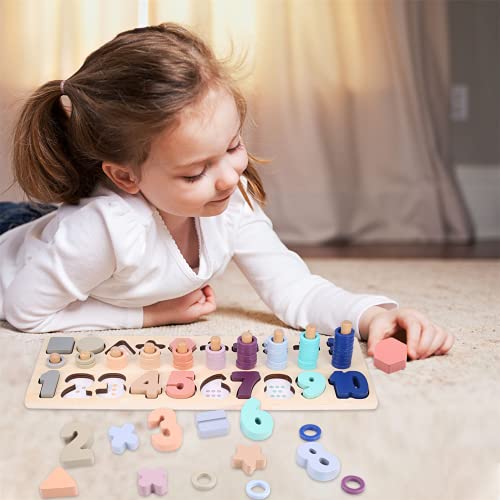 Voamuw Wooden Number Shape Puzzles Sorting Montessori Toys for 3-6 year olds Toddlers, Counting Blocks Sorter Stacking Math Toys for Kids, Preschool Education Gift Learning Tower for Boys Girls