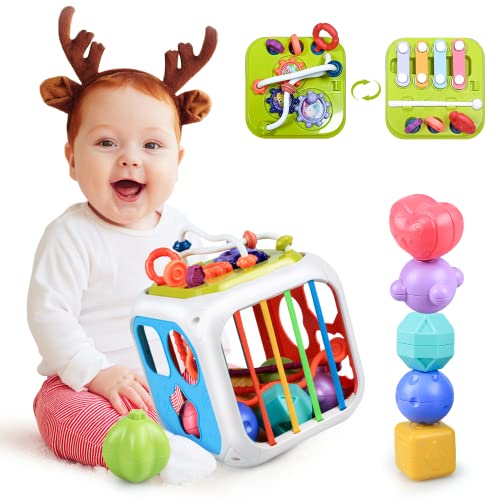 Kizmyee Montessori Toy for Toddler, Colorful Sensory Toy Activity Cube Early Education Development Fine Motor Skill Toys, 6 Multi-sensory Shapes, Cube Gift for Baby Boys Girls 1 2 3 Years Old