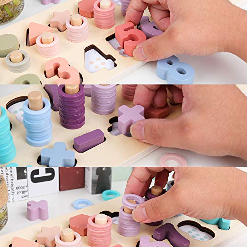 Voamuw Wooden Number Shape Puzzles Sorting Montessori Toys for 3-6 year olds Toddlers, Counting Blocks Sorter Stacking Math Toys for Kids, Preschool Education Gift Learning Tower for Boys Girls