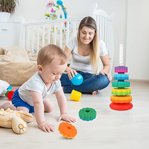 Spinning Stacking Toys, Rainbow Tower Stacker Interesting Rainbow Spinning Wheel Toy BPA Free Early Education Kids Brain Development Toys Family Games for 12 Months +, Develop Cognition Ability