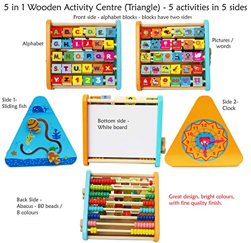 TOWO Wooden Activity Centre Triangle toys - Wooden Alphabet Blocks Abacus clock - Activity Cube for Toddlers 5 in 1-Wooden Activity Toys for Babies Montessori Learning-Wooden Toys for 1 year old