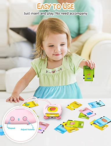 Talking Flash Card,Learning Education Toys for Toddlers,224 Words Animal Learning Toys for 2 3 4 5 6 Year Old Speech Therapy Toys Clear Sounds Preschool Montessori Interactive Toys for Girl (Pink)