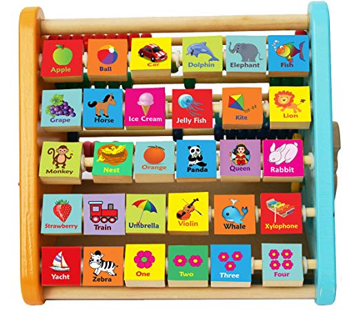 TOWO Wooden Activity Centre Triangle toys - Wooden Alphabet Blocks Abacus clock - Activity Cube for Toddlers 5 in 1-Wooden Activity Toys for Babies Montessori Learning-Wooden Toys for 1 year old