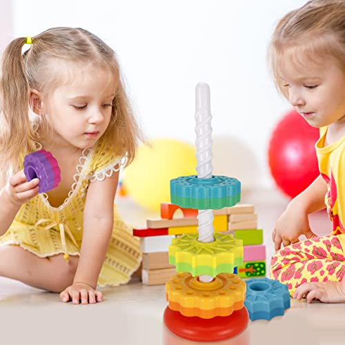 FRIUSATE Spinning Stacking Toys, Baby Sensory Spin Gears Stacking Rings Toy, Rainbow Spinning Stacking Gears Toy, BPA Free Early Education Kids Brain Development Toys Family Games