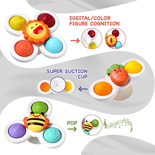 Hooku 3 Pcs Simple Dimple Suction Cup Spinner Toys, Early Education, Spinning Top/ Sensory Bath Travel Toys, Best Gifts for Toddler Boy Girl Baby