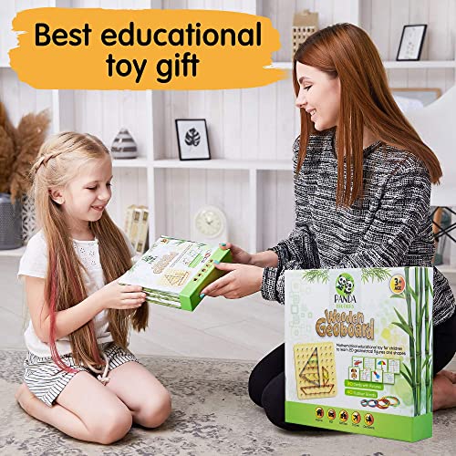 Panda Brothers Wooden Geoboard - Montessori Toy, Graphical Mathematical Education Toy for Kids with 30 Pattern Cards and 40 Rubber Bands to Create Figures and Shapes, Brain Teaser STEM Toy Geo Board