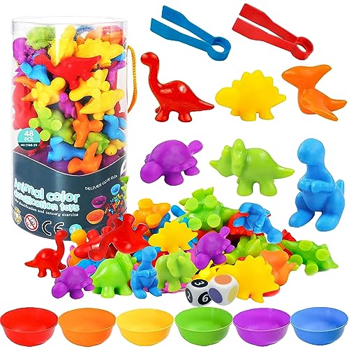 Montessori Toys Rainbow Counting Dinosaurs Set, Color Sorting Math Toys with Matching Bowl, Tweezers, Dices, Color Classification Math Skills Game Early Education Toys for Toddlers 3 4 5 Years Gifts