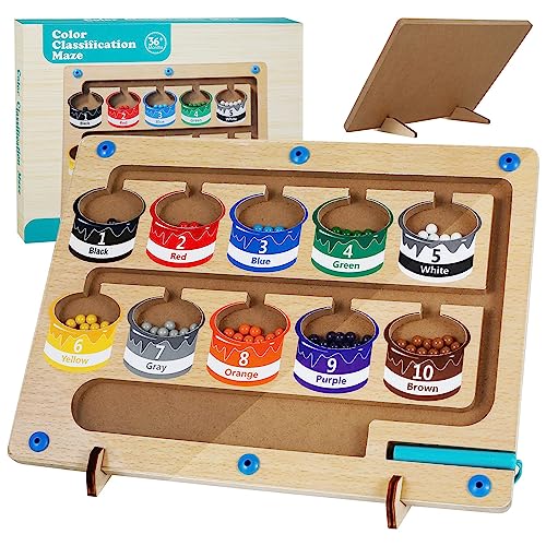 Magnetic Color and Number Maze, Montessori Wooden Magnet Puzzle Game Board for Toddlers, Learning & Education Toys for Preschoolers, Fine Motor Skills Toys for Boys Girls 3+Years Old (A)