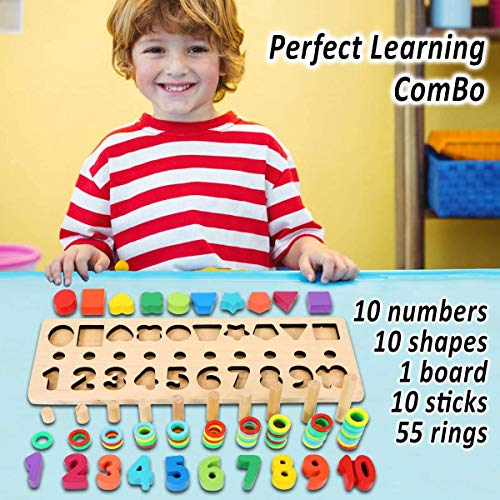 Bambebe Montessori Wooden Puzzles Toy for 3 Years Old, Educational Math Games Stacking Block Learning Jigsaw Board, Wooden Shape Sorter Toy, Preschool Number Puzzle Counting Games