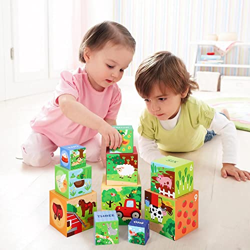 SOKA 10pcs Farm Animals Stacking Cubes Balancing Building Farm Animal Boxes Educational Developmental Montessori Learning Blocks Toy Set Gift for Kids Toddlers Children Boy Girl Ages 12 month old +