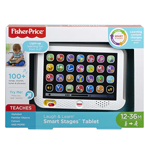 Fisher-Price Pretend Tablet Toddler Learning Toy with Lights Music and Smart Stages Educational Content, Gray, Laugh & Learn UK English Version - CDG33