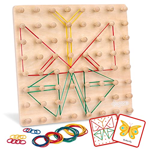 Japace Montessori Toys for 2 3 4 Year Olds, Wooden Geoboard Geometric Shape Puzzle Peg Board with 32 Pattern Cards and 50 Rubber Bands, Education Counting Toy Fine Motor Skills Toys & Gifts for Kids