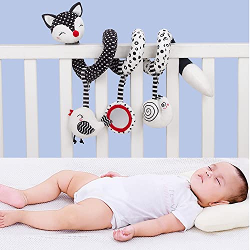 Hileyu Spiral Pram Hanging Toys for Babies,Black and White Pram Toys,Spiral Activity Hanging Toys Car Seat Toys,Wrap Around Crib Sensory Early Education Toys, Squeak Animal Plush Hanging Toys (Foxes)