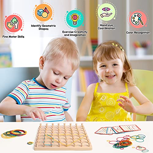 Japace Montessori Toys for 2 3 4 Year Olds, Wooden Geoboard Geometric Shape Puzzle Peg Board with 32 Pattern Cards and 50 Rubber Bands, Education Counting Toy Fine Motor Skills Toys & Gifts for Kids