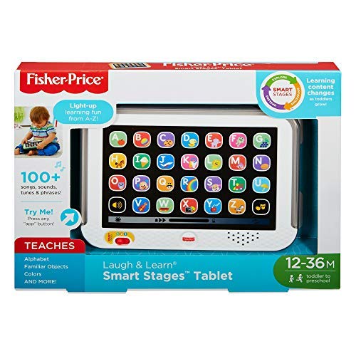 Fisher-Price Pretend Tablet Toddler Learning Toy with Lights Music and Smart Stages Educational Content, Gray, Laugh & Learn UK English Version - CDG33