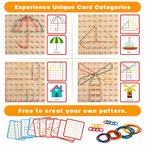 Japace Montessori Toys for 2 3 4 Year Olds, Wooden Geoboard Geometric Shape Puzzle Peg Board with 32 Pattern Cards and 50 Rubber Bands, Education Counting Toy Fine Motor Skills Toys & Gifts for Kids