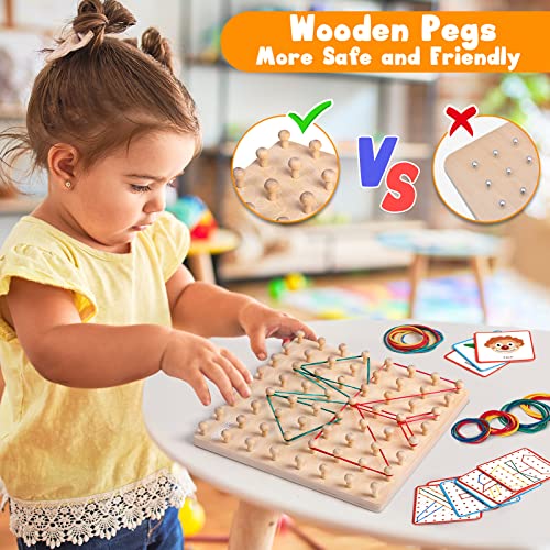Japace Montessori Toys for 2 3 4 Year Olds, Wooden Geoboard Geometric Shape Puzzle Peg Board with 32 Pattern Cards and 50 Rubber Bands, Education Counting Toy Fine Motor Skills Toys & Gifts for Kids