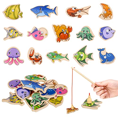 FRIUSATE 15 pieces Magnetic Fishing Game, Wooden Fish Educational Toys with Fish Rod Magnets Learning Games Fishing Game for Kids Learning Sea Animals