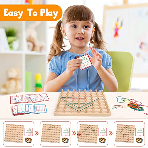 Japace Montessori Toys for 2 3 4 Year Olds, Wooden Geoboard Geometric Shape Puzzle Peg Board with 32 Pattern Cards and 50 Rubber Bands, Education Counting Toy Fine Motor Skills Toys & Gifts for Kids