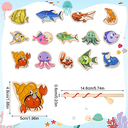 FRIUSATE 15 pieces Magnetic Fishing Game, Wooden Fish Educational Toys with Fish Rod Magnets Learning Games Fishing Game for Kids Learning Sea Animals