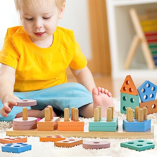 HELLOWOOD Montessori Toys for 1 2 3 Years Old, Wooden Sorting & Stacking Toys for Toddlers 1-3, Education Preschool Toddler Puzzles Toys Gift for Baby Boy & Girl