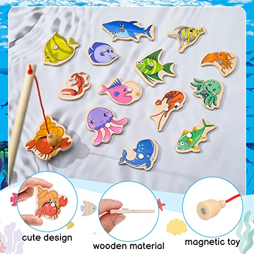 FRIUSATE 15 pieces Magnetic Fishing Game, Wooden Fish Educational Toys with Fish Rod Magnets Learning Games Fishing Game for Kids Learning Sea Animals