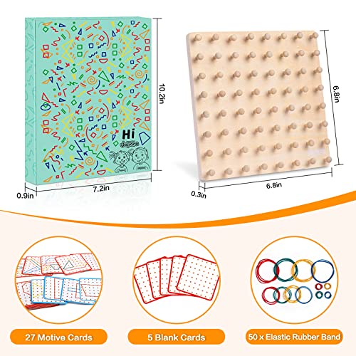Japace Montessori Toys for 2 3 4 Year Olds, Wooden Geoboard Geometric Shape Puzzle Peg Board with 32 Pattern Cards and 50 Rubber Bands, Education Counting Toy Fine Motor Skills Toys & Gifts for Kids