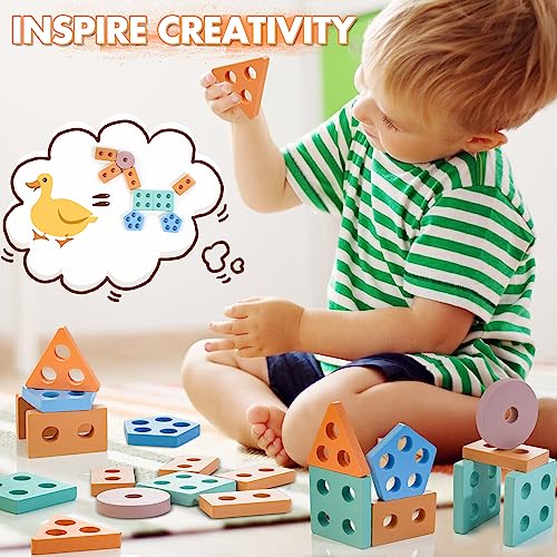 HELLOWOOD Montessori Toys for 1 2 3 Years Old, Wooden Sorting & Stacking Toys for Toddlers 1-3, Education Preschool Toddler Puzzles Toys Gift for Baby Boy & Girl