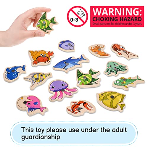 FRIUSATE 15 pieces Magnetic Fishing Game, Wooden Fish Educational Toys with Fish Rod Magnets Learning Games Fishing Game for Kids Learning Sea Animals