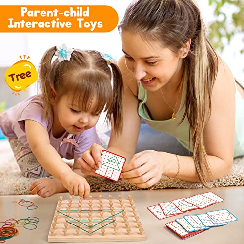 Japace Montessori Toys for 2 3 4 Year Olds, Wooden Geoboard Geometric Shape Puzzle Peg Board with 32 Pattern Cards and 50 Rubber Bands, Education Counting Toy Fine Motor Skills Toys & Gifts for Kids