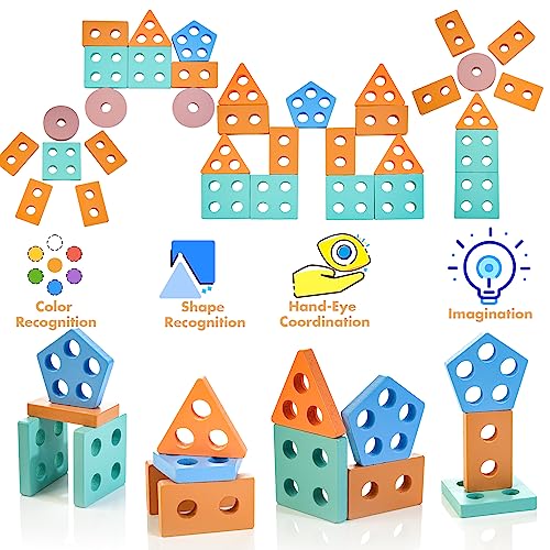 HELLOWOOD Montessori Toys for 1 2 3 Years Old, Wooden Sorting & Stacking Toys for Toddlers 1-3, Education Preschool Toddler Puzzles Toys Gift for Baby Boy & Girl