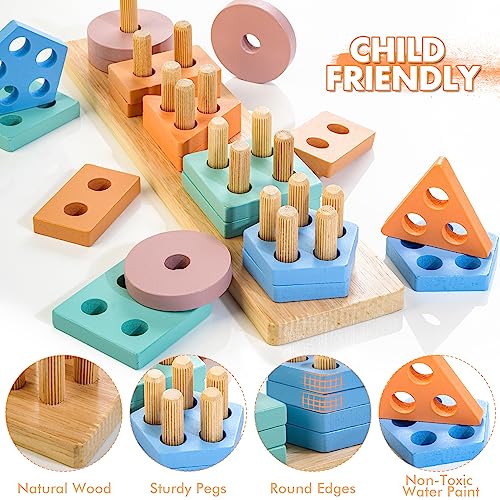 HELLOWOOD Montessori Toys for 1 2 3 Years Old, Wooden Sorting & Stacking Toys for Toddlers 1-3, Education Preschool Toddler Puzzles Toys Gift for Baby Boy & Girl