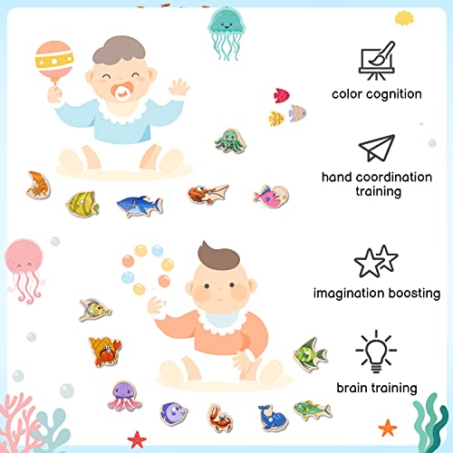 FRIUSATE 15 pieces Magnetic Fishing Game, Wooden Fish Educational Toys with Fish Rod Magnets Learning Games Fishing Game for Kids Learning Sea Animals