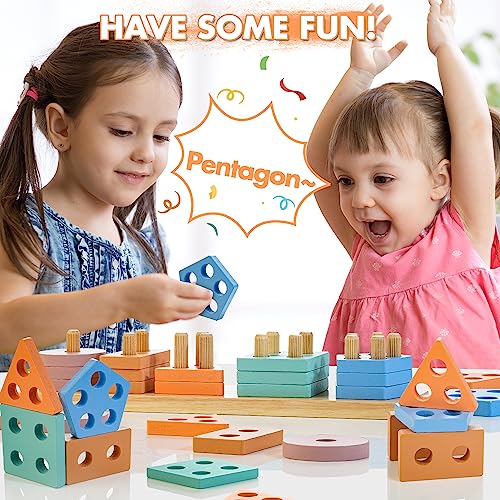 HELLOWOOD Montessori Toys for 1 2 3 Years Old, Wooden Sorting & Stacking Toys for Toddlers 1-3, Education Preschool Toddler Puzzles Toys Gift for Baby Boy & Girl