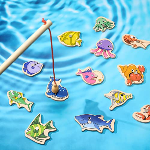 FRIUSATE 15 pieces Magnetic Fishing Game, Wooden Fish Educational Toys with Fish Rod Magnets Learning Games Fishing Game for Kids Learning Sea Animals
