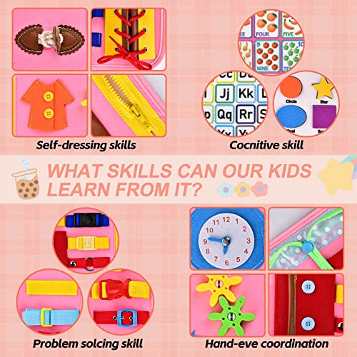 GYBOOM Busy Board Montessori Toys for Toddler，Quiet Book,Sensory Board for Learning Fine Motor Skills, Preschool Educational Toys for 1-6 Year Old Boys Girls Travel (Pink)