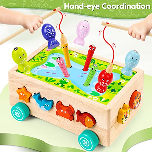 Montessori Toys for 2 3 4 Year Old | Shape Sorter Learning Toys | Wooden Fishing Game Car Preschool Fine Motor Skills 6 in1 Toddler Toys Gifts for Baby Boys Girls