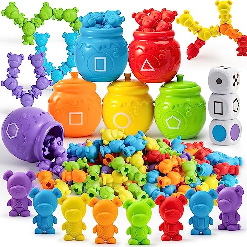 Joyin Play-Act Counting Sorting Bears Toy Set with Matching Sorting Cups Toddler Game for Pre-School Learning Color Recognition STEM Educational Toy-72 Bears, Fine Motor Tool, Dice and Activity Book