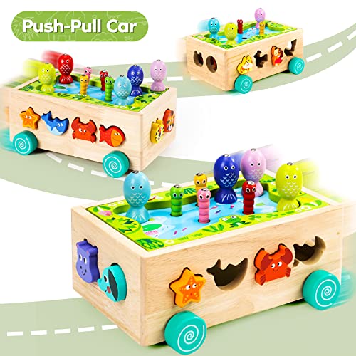 Montessori Toys for 2 3 4 Year Old | Shape Sorter Learning Toys | Wooden Fishing Game Car Preschool Fine Motor Skills 6 in1 Toddler Toys Gifts for Baby Boys Girls