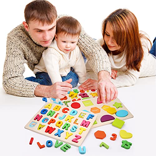 Voamuw Wooden Puzzles for Toddlers, Wooden Alphabet Number Shape jigsaw for 3 4 5 Year olds Kids, Montessori Toys Learning Educational Gift for Boys Girls (Set of 3)