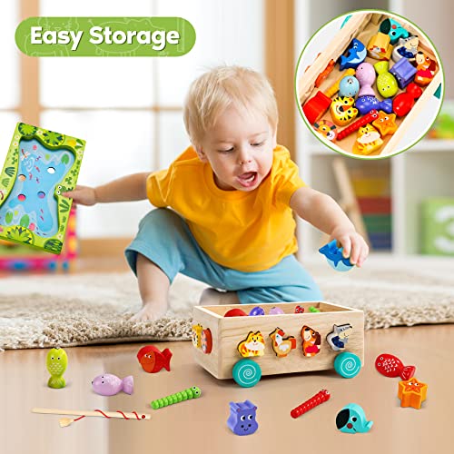 Montessori Toys for 2 3 4 Year Old | Shape Sorter Learning Toys | Wooden Fishing Game Car Preschool Fine Motor Skills 6 in1 Toddler Toys Gifts for Baby Boys Girls