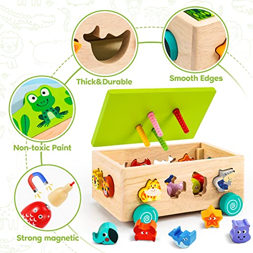 Montessori Toys for 2 3 4 Year Old | Shape Sorter Learning Toys | Wooden Fishing Game Car Preschool Fine Motor Skills 6 in1 Toddler Toys Gifts for Baby Boys Girls